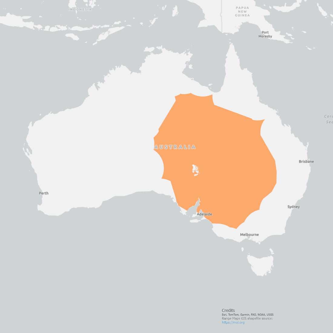 Inland Bearded Dragon Rage Map showing coverage in a circular area inland from central to the Eastern coast