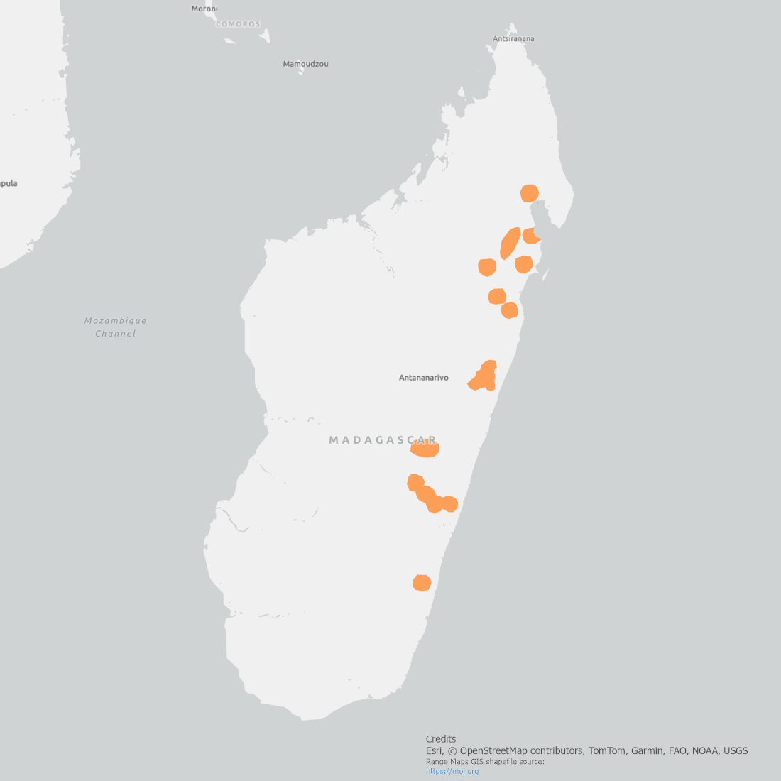 Range Map of the Black and White Lemur on the East coast of Madagascar