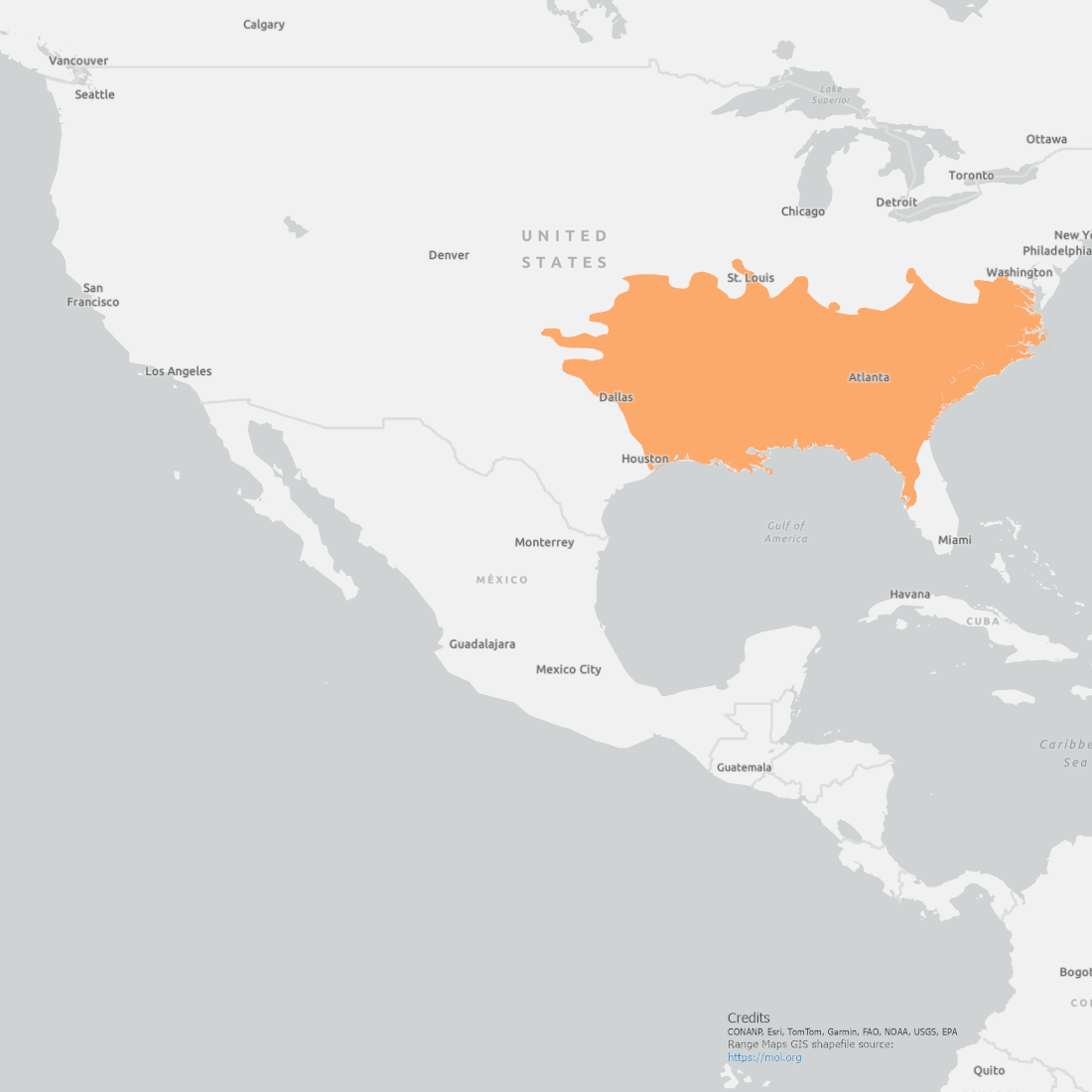 River Cooter Range Map showing coverage of the Eastern United States from Texas to Virginia, down to Florida