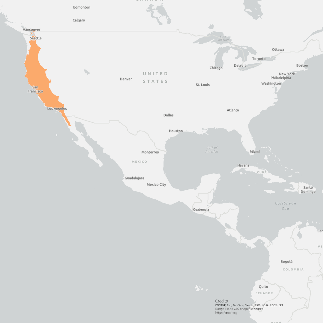 Western Pond Turtle Range Map showing coverage from the Washington down through California into Baja California